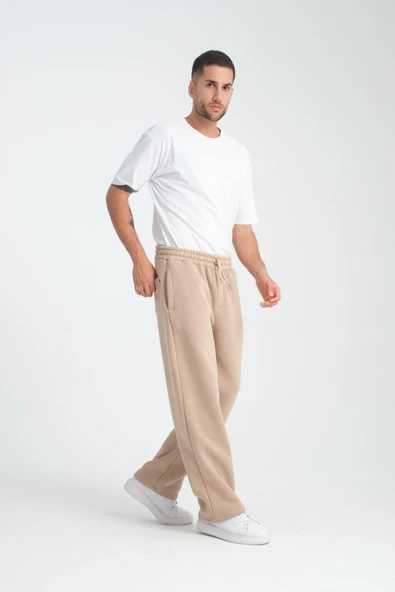 Baggy Kalıp 3 İplik Şardonlu Erkek Eşofman Altı - Bej - 5