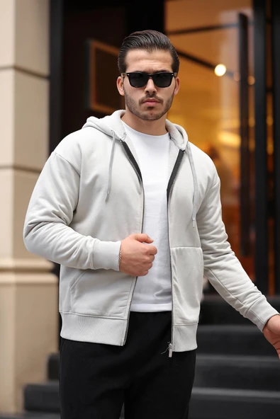 İçi Peluş Üç İplik Kumaş Oversize Fermuarlı Kapüşonlu Sweatshirt- Mineral Gri - 4