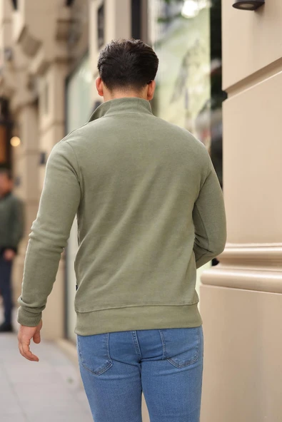 Selanik Örme Kumaş Yarım Fermuar Erkek Sweatshirt - Haki - 6