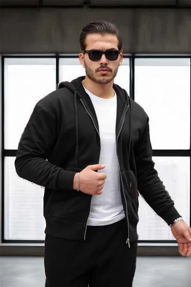 İçi Peluş Üç İplik Kumaş Oversize Fermuarlı Kapüşonlu Sweatshirt- Siyah - Resim 4