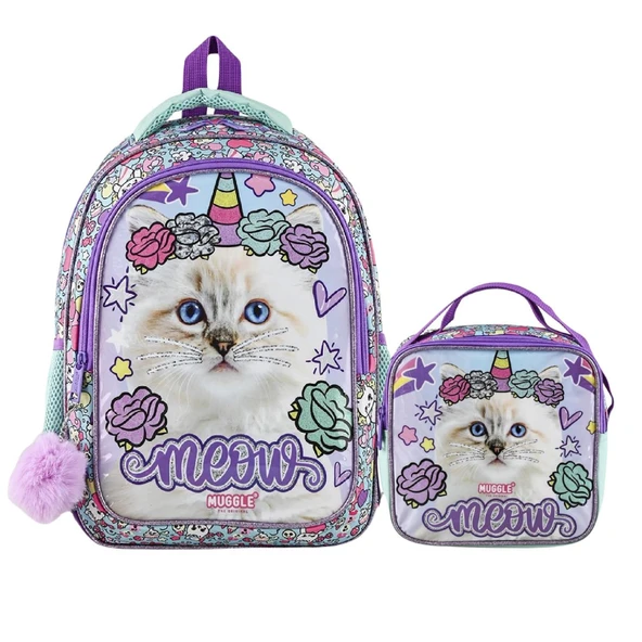 Muggle 2 Bölmeli Pretty Cat Meow Okul Çantası + Termoslu Beslenme Çantası