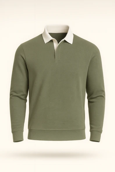 Luis Polo Yaka Selanik Örme Kumaş Erkek Sweatshirt - Açık Haki ürün görseli