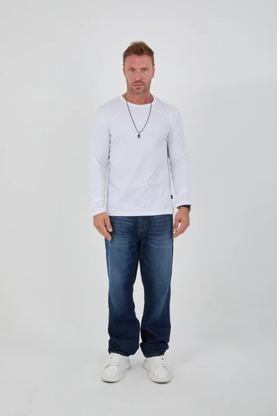 İnterlok Kumaş İnce Uzun Kollu Erkek Sweatshirt - Beyaz - 5