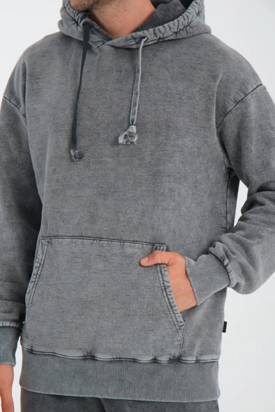 Oversize Yıkamalı Şardonlu Erkek Eşofman Takımı - Antrasit - 2