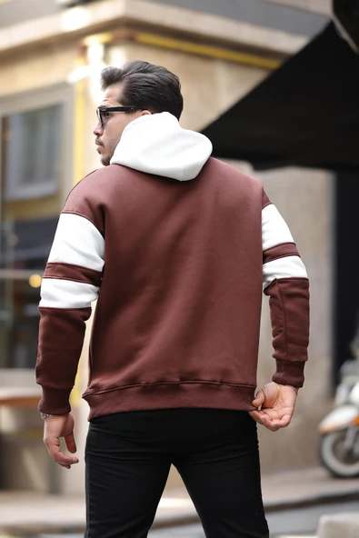 Sportif Şerit Detaylı Şardonlu Kapüşonlu Sweatshirt - Kahve - 5