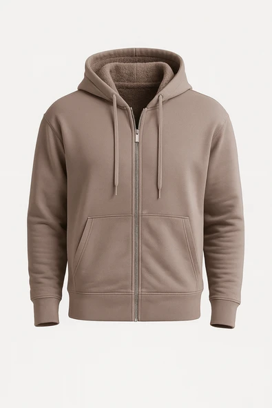 İçi Peluş Üç İplik Kumaş Oversize Fermuarlı Kapüşonlu Sweatshirt- Bej ürün görseli 1