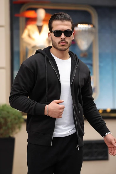 İçi Peluş Üç İplik Kumaş Oversize Fermuarlı Kapüşonlu Sweatshirt- Siyah - 5