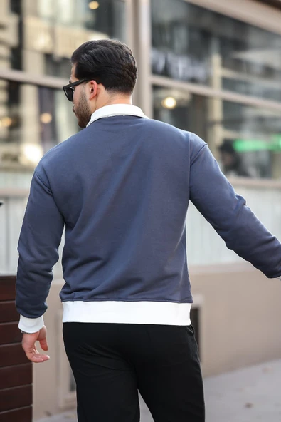 Polo Yaka Düğmeli Nakışlı Sweatshirt - Füme - 4