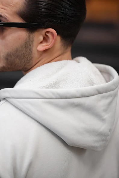 İçi Peluş Üç İplik Kumaş Oversize Fermuarlı Kapüşonlu Sweatshirt- Mineral Gri - 6