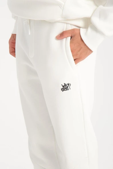Oversize Puf Baskılı Erkek CozyFit Şardonlu Eşofman Takımı - Ekru - 3