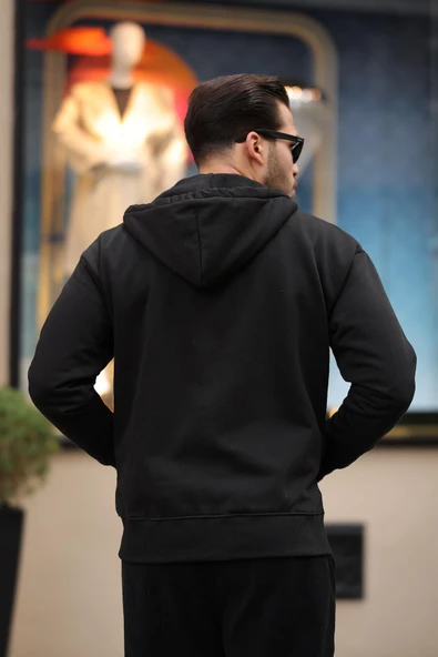 İçi Peluş Üç İplik Kumaş Oversize Fermuarlı Kapüşonlu Sweatshirt- Siyah - 6