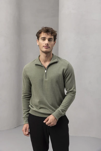 Lars Selanik Örme Kumaş Yarım Fermuar Erkek Sweatshirt - Haki - Resim 6