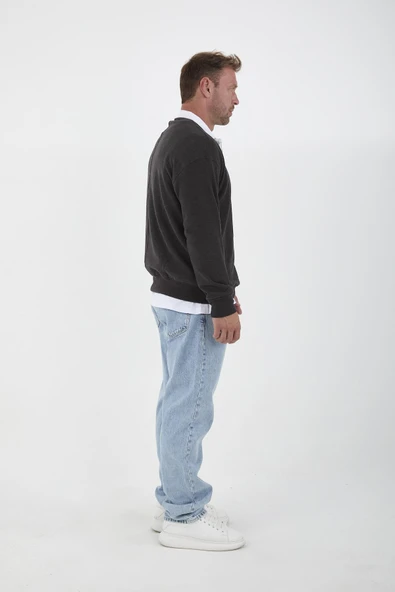 Polo Yaka Selanik Örme Kumaş Erkek Sweatshirt - Füme - 4