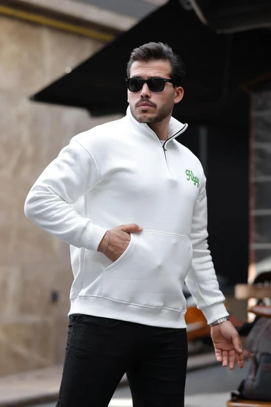 Cozy Kanguru Nakışlı Şardonlu Yarım Fermuar Sweatshirt - Ekru - 4
