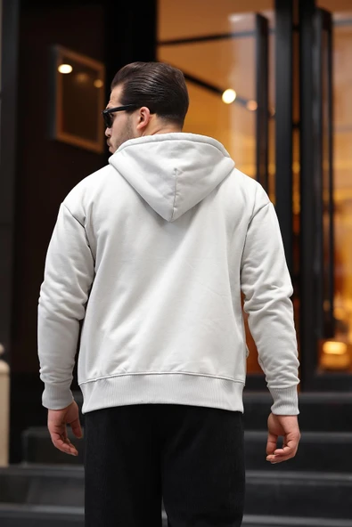 İçi Peluş Üç İplik Kumaş Oversize Fermuarlı Kapüşonlu Sweatshirt- Mineral Gri - 5