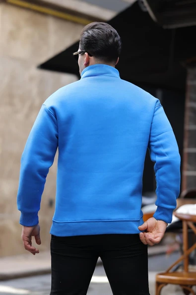 Cozy Kanguru Nakışlı Şardonlu Yarım Fermuar Sweatshirt - Mavi - 5