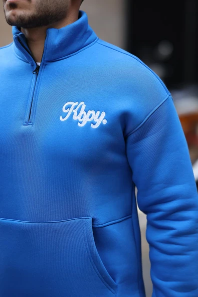 Cozy Kanguru Nakışlı Şardonlu Yarım Fermuar Sweatshirt - Mavi - 2