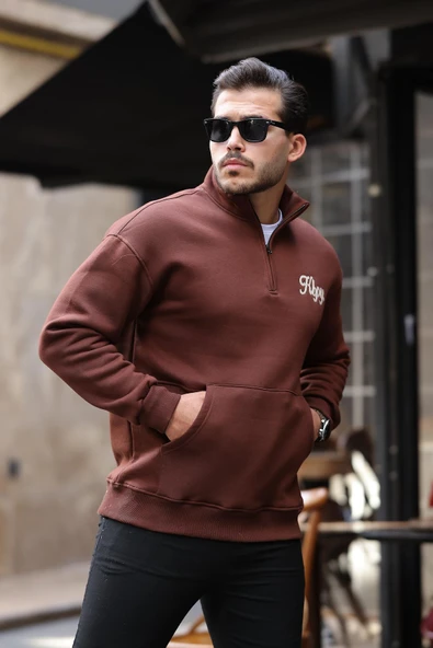 Cozy Kanguru Nakışlı Şardonlu Yarım Fermuar Sweatshirt - Kahve - 4