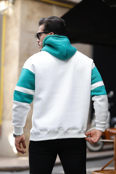 Sportif Şerit Detaylı Şardonlu Kapüşonlu Sweatshirt - Ekru - 4