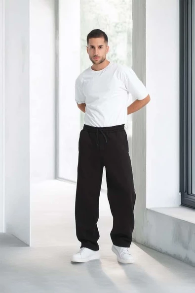 Baggy Kalıp 3 İplik Şardonlu Erkek Eşofman Altı - Siyah - Resim 5