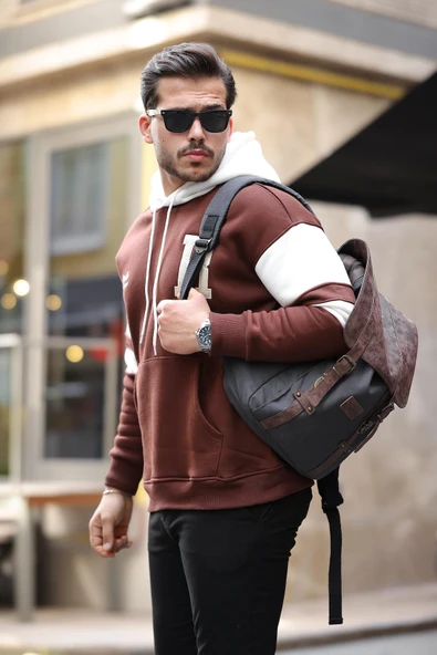 Sportif Şerit Detaylı Şardonlu Kapüşonlu Sweatshirt - Kahve - 2