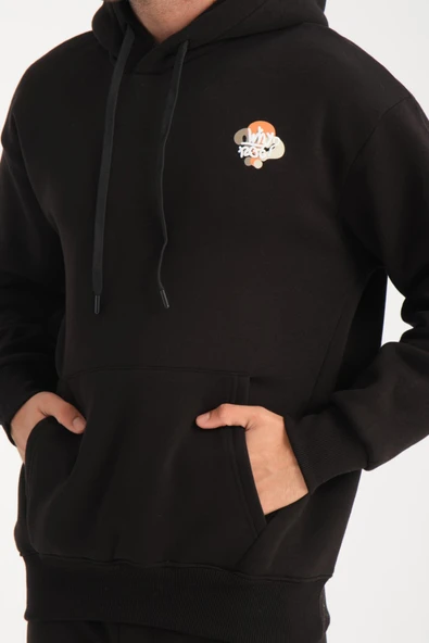Oversize Puf Baskılı Erkek CozyFit Şardonlu Eşofman Takımı - Siyah - 2