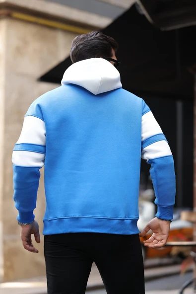 Sportif Şerit Detaylı Şardonlu Kapüşonlu Sweatshirt - Mavi - 5