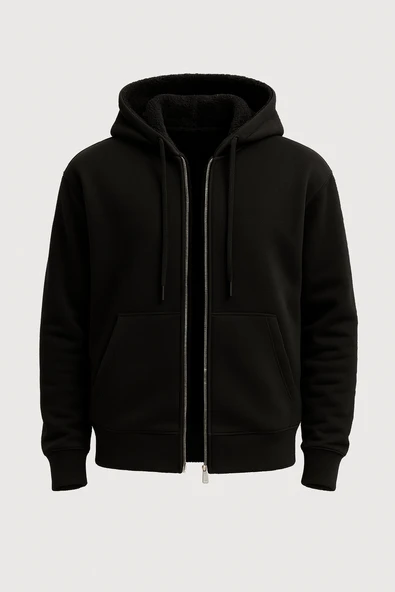 İçi Peluş Üç İplik Kumaş Oversize Fermuarlı Kapüşonlu Sweatshirt- Siyah ürün görseli