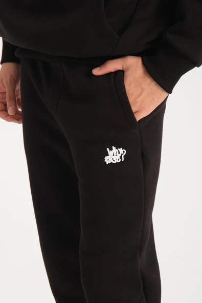 Oversize Puf Baskılı Erkek CozyFit Şardonlu Eşofman Takımı - Siyah - 3
