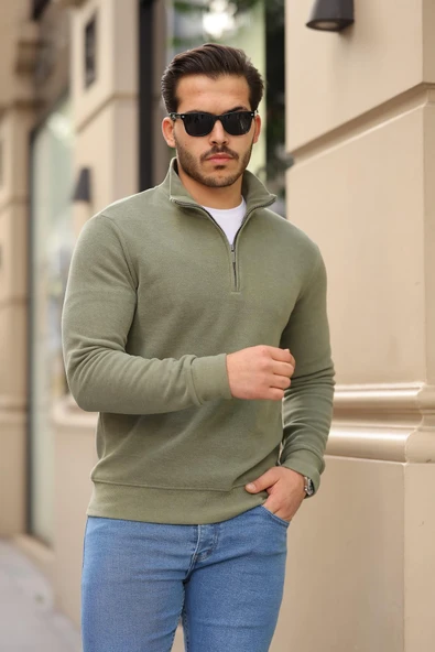 Selanik Örme Kumaş Yarım Fermuar Erkek Sweatshirt - Haki - 2