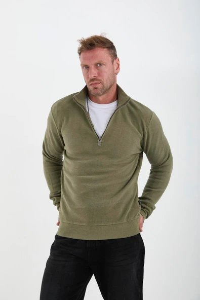 Selanik Örme Kumaş Yarım Fermuar Erkek Sweatshirt - Haki - 4