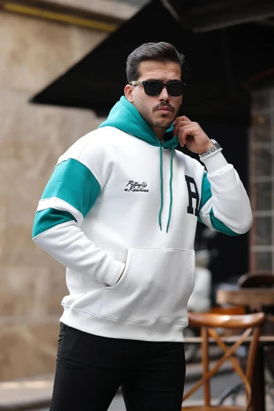 Sportif Şerit Detaylı Şardonlu Kapüşonlu Sweatshirt - Ekru - 2