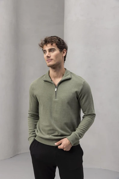 Lars Selanik Örme Kumaş Yarım Fermuar Erkek Sweatshirt - Haki - Resim 5