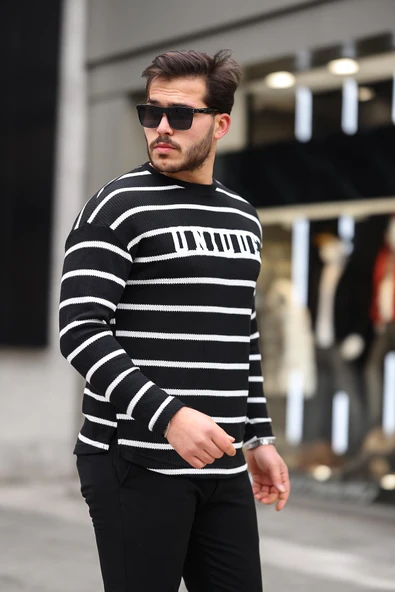 Unique Baskılı Çizgili Erkek Sweatshirt - Siyah - 4