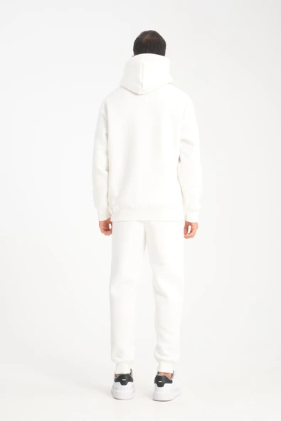 Oversize Puf Baskılı Erkek CozyFit Şardonlu Eşofman Takımı - Ekru - 5