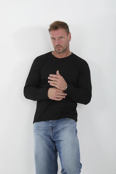 İnterlok Kumaş İnce Uzun Kollu Erkek Sweatshirt - Siyah - 2