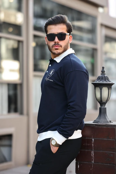 Polo Yaka Düğmeli Nakışlı Sweatshirt - Lacivert - 4