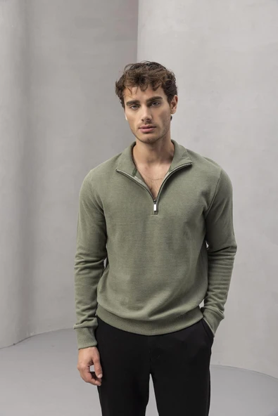 Lars Selanik Örme Kumaş Yarım Fermuar Erkek Sweatshirt - Haki - Resim 2