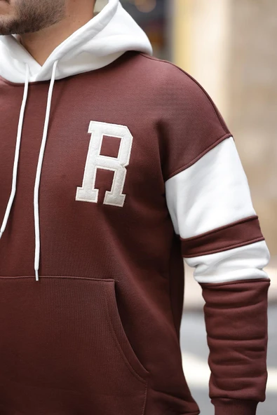 Sportif Şerit Detaylı Şardonlu Kapüşonlu Sweatshirt - Kahve - 3