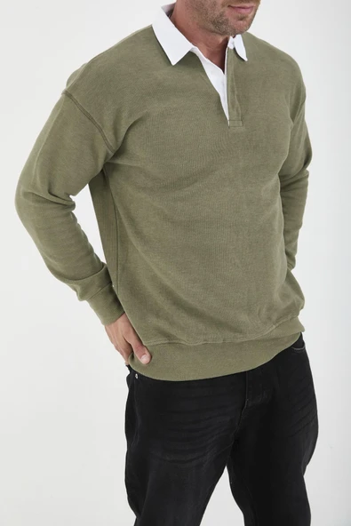 Polo Yaka Selanik Örme Kumaş Erkek Sweatshirt - Açık Haki - 5