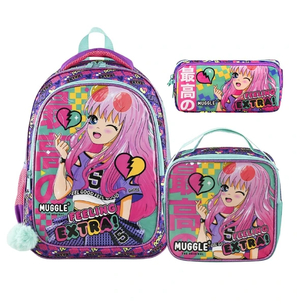 Muggle 2 Bölmeli Anime Çanta + Termoslu Beslenme Çantası + Kalemlik