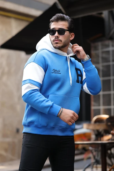 Sportif Şerit Detaylı Şardonlu Kapüşonlu Sweatshirt - Mavi - 4