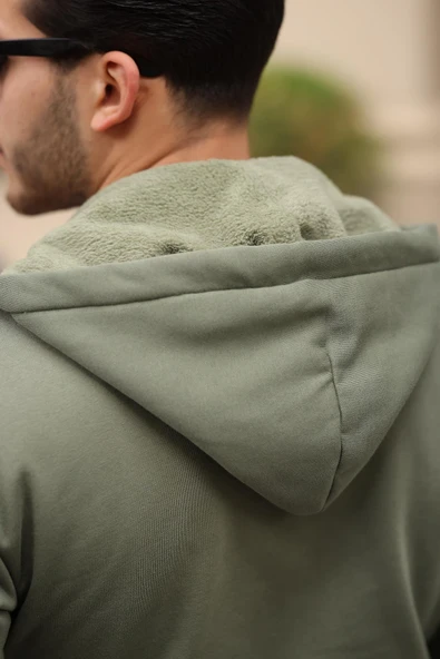 İçi Peluş Üç İplik Kumaş Oversize Fermuarlı Kapüşonlu Sweatshirt- Avcı Yeşili - 4