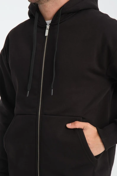 İçi Peluş Üç İplik Kumaş Oversize Fermuarlı Kapüşonlu Sweatshirt- Siyah - 2