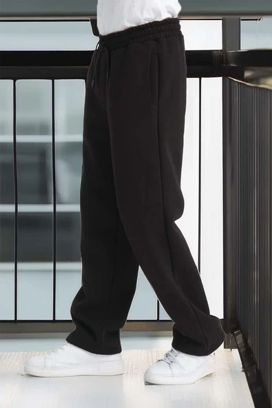 Baggy Kalıp 3 İplik Şardonlu Erkek Eşofman Altı - Siyah - Resim 2