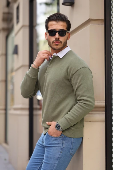 Polo Yaka Selanik Örme Kumaş Erkek Sweatshirt - Açık Haki - 2