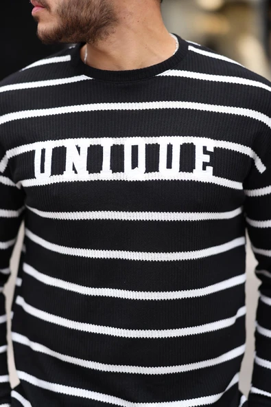 Unique Baskılı Çizgili Erkek Sweatshirt - Siyah - 2