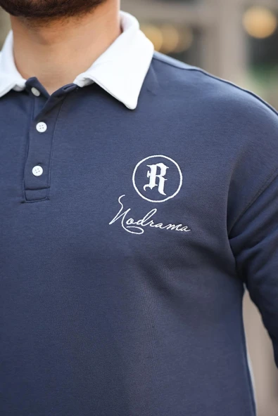 Polo Yaka Düğmeli Nakışlı Sweatshirt - Füme - 2