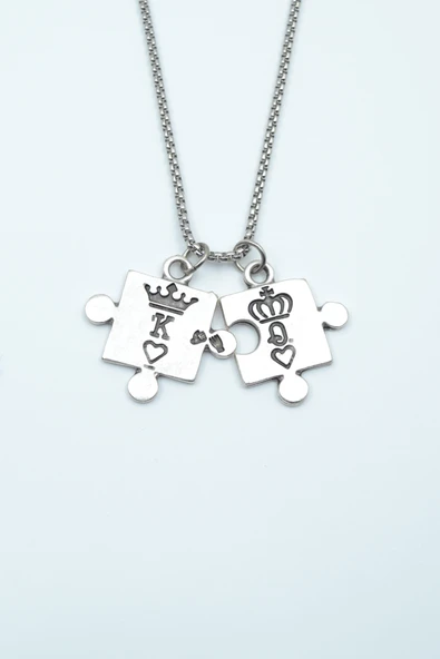 Puzzle - Queen - King - Sevgili Gümüş Kaplama Örme Zincir Kolye ürün görseli 1