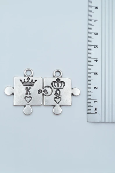 Puzzle - Queen - King - Sevgili Gümüş Kaplama Örme Zincir Kolye - Resim 3